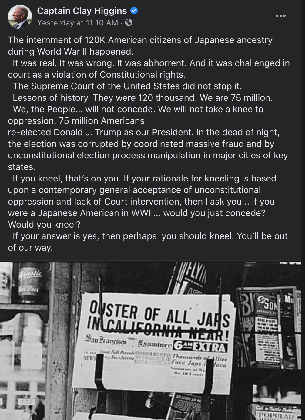 Rep. Clay Higgins compares 2020 election fraud to Japanese internment camps.png